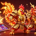 qs88 captivating image showcasing an armored rooster warrior, dragon hatchling, and fortune cat in a vibrant casino scene.