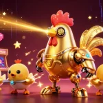Experience dynamic gaming action with mitomtv's vibrant illustration of a golden robot and chick drones.
