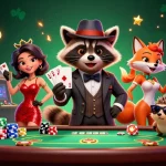 A raccoon and friends enjoy a thrilling poker night at kuwin, showcasing winning hands and vibrant gaming elements.