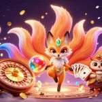 Experience fly88's vibrant gaming world with a nine-tailed fox and owl sage amidst cascading golden coins.