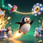 Experience the thrill of "giải mã nhà cái" with a 3D cartoon penguin amid dynamic casino elements.